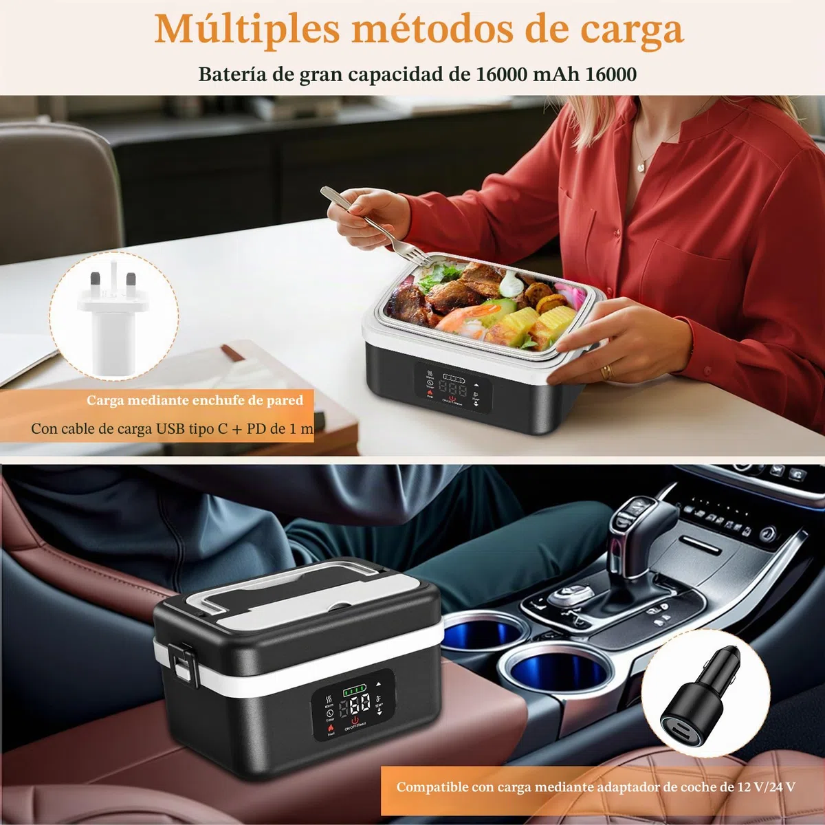 Fiambrera Eléctrica,Fiambrera Recargable Taper Electrico Para Comida de 16 000 mAh, Calentador de Alimentos portátil de 1 l con Calentamiento Automático, almuerzo caja calefactora