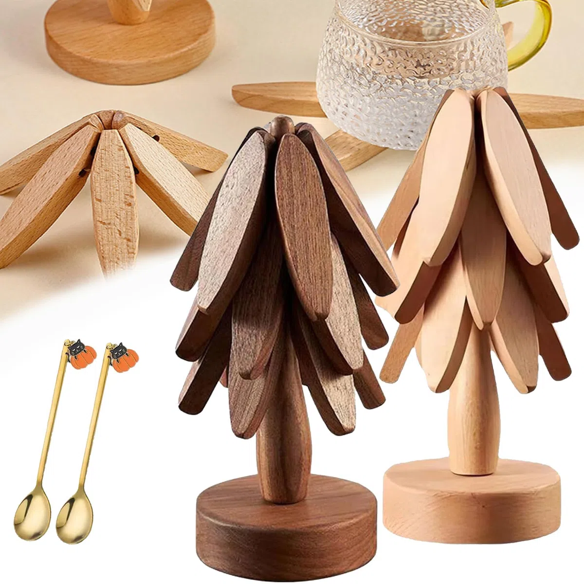Treevet - Juego de posavasos de madera, salvamanteles de madera, salvamanteles de madera, salvamanteles de árbol de Navidad, salvamanteles de madera para tazas, sartenes calientes, platos de madera