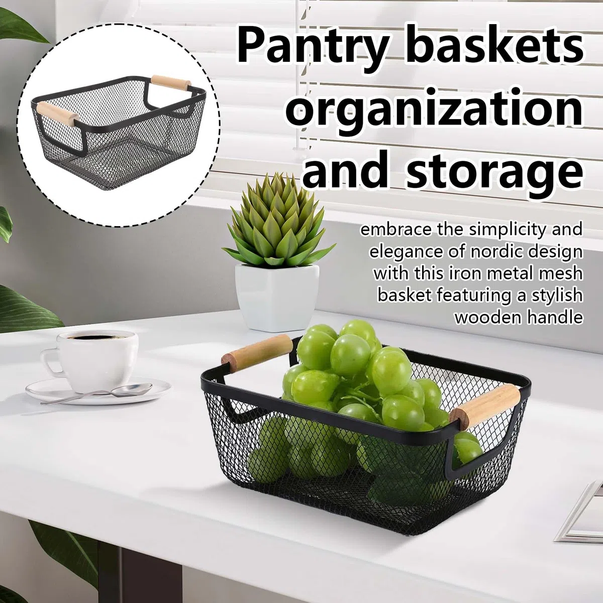 Cestas De Alambre, 2PC Cestas De Almacenamiento De Metal Negro Cesta De Cocina Con Asas De Madera Frutas Organizador Colgante Multifuncional Cestas De Estante Para Cocina Despensa Baño Dormitorio