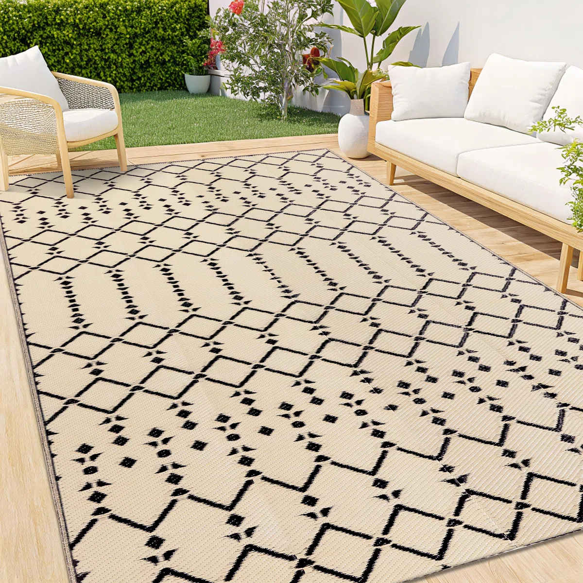 Homaxy Alfombra de exterior resistente a la intemperie, 120 x 180 cm, utilizable por ambos lados, resistente al agua, alfombra bohemia para terraza, jardín, balcón, camping, picnic, color beige