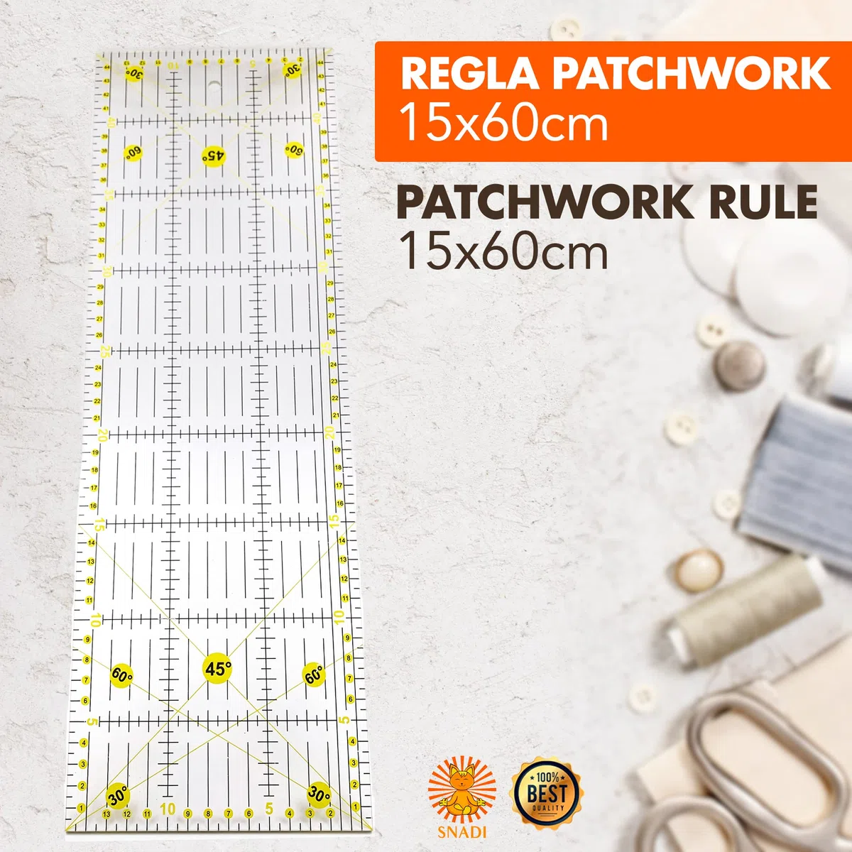 Regla de Patchwork 15 x 60 cm | Corte Preciso para Costura y Manualidades | Reglas de Patronaje | Acrílico Duradero | Visibilidad en Telas Oscuras | Quilting | Transparente