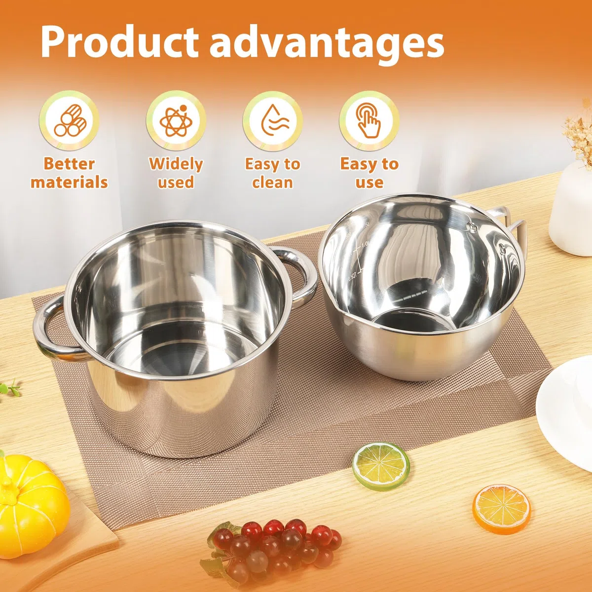 Cacerola de acero inoxidable para baño de agua, cuenco de 2,5 L para baño de agua y olla de fusión de 1,8 l con mango, cuenco de acero inoxidable 304, para chocolate, crema, mantequilla, cera de velas