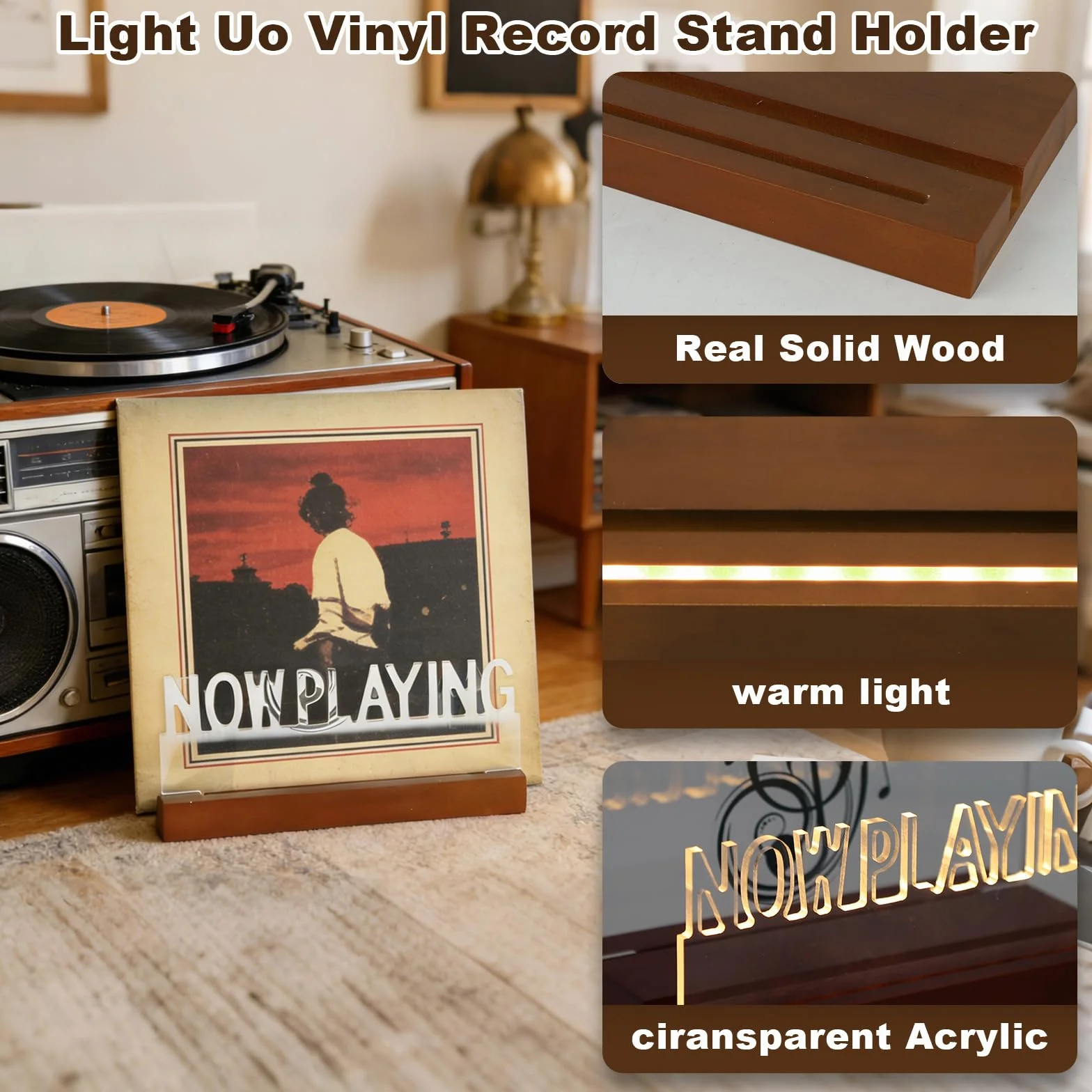 Soporte para Discos de Vinilo iluminados, Now Playing Vinyl Stand, Exhibición Acrílico de Madera con Luces de Color Blanco para Almacenamiento y Colección de álbumes, Regalo para Amantes de Vinilos