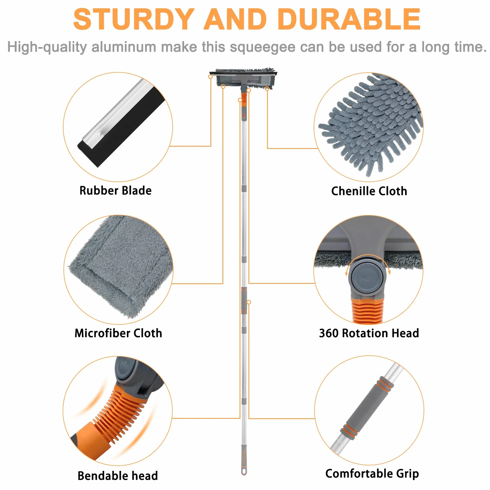 Tendak Limpiacristales Telescópico, 3 en 1 Limpiador de Vidrios de Ventana Profesional con Mango Telescópica, Extensible Enjugador de Ventanas de 23-200cm para Ventanas Altas Interiores y Exteriores