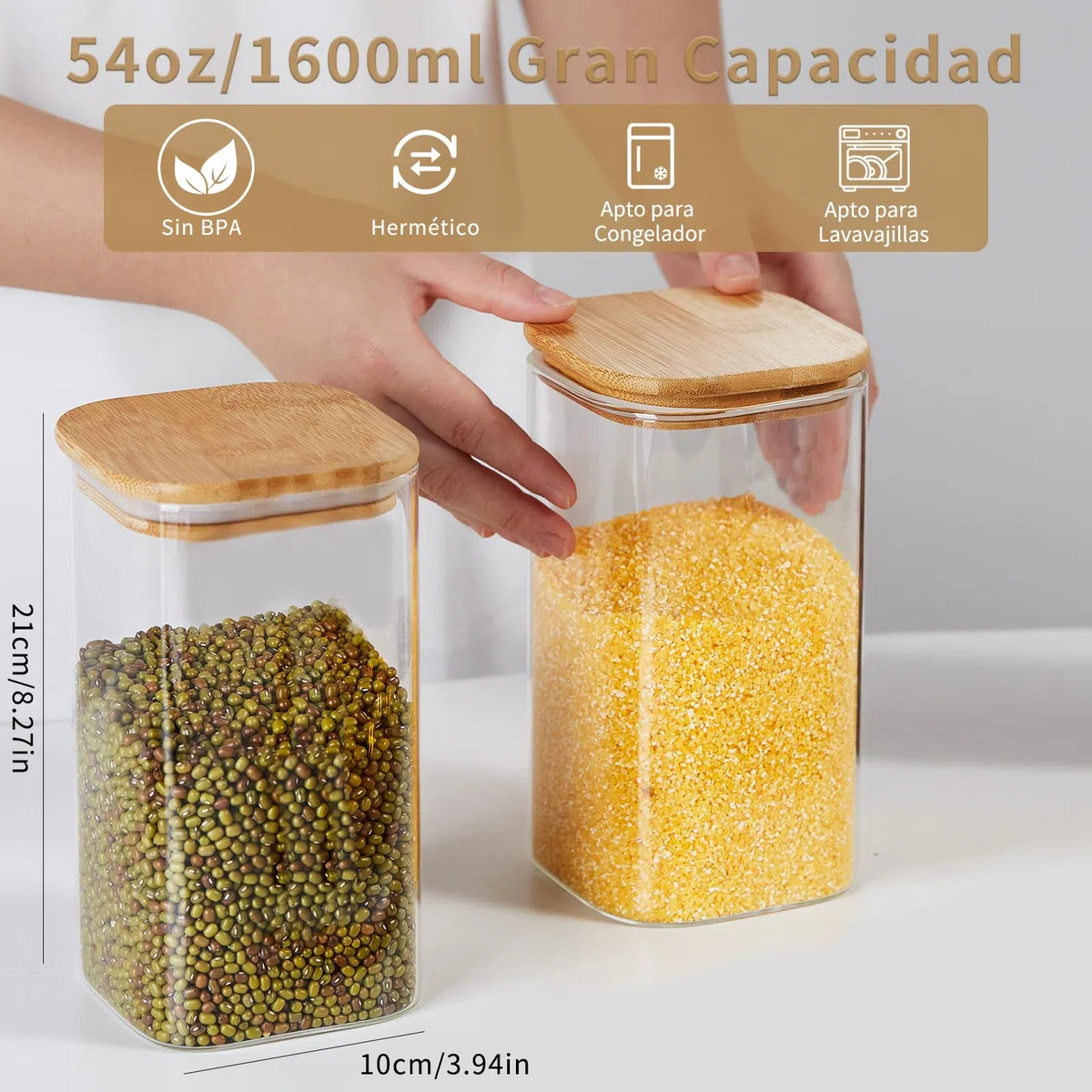 MESNEY Paquete de 6 tarros de vidrio para almacenamiento de alimentos de 1600 ml con tapas de bambú, recipientes herméticos y apilables para cocina y despensa, tarros de vidrio transparente ecológicos
