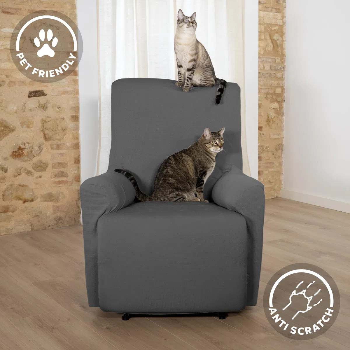 Textilhome Funda Sillón Relax Reclinable Elástica TEIDE, 1 Plaza de 70 a 100 cm, Protector Universal Ajustable con Espuma Antideslizante, Color Gris, Lavable y Resistente.