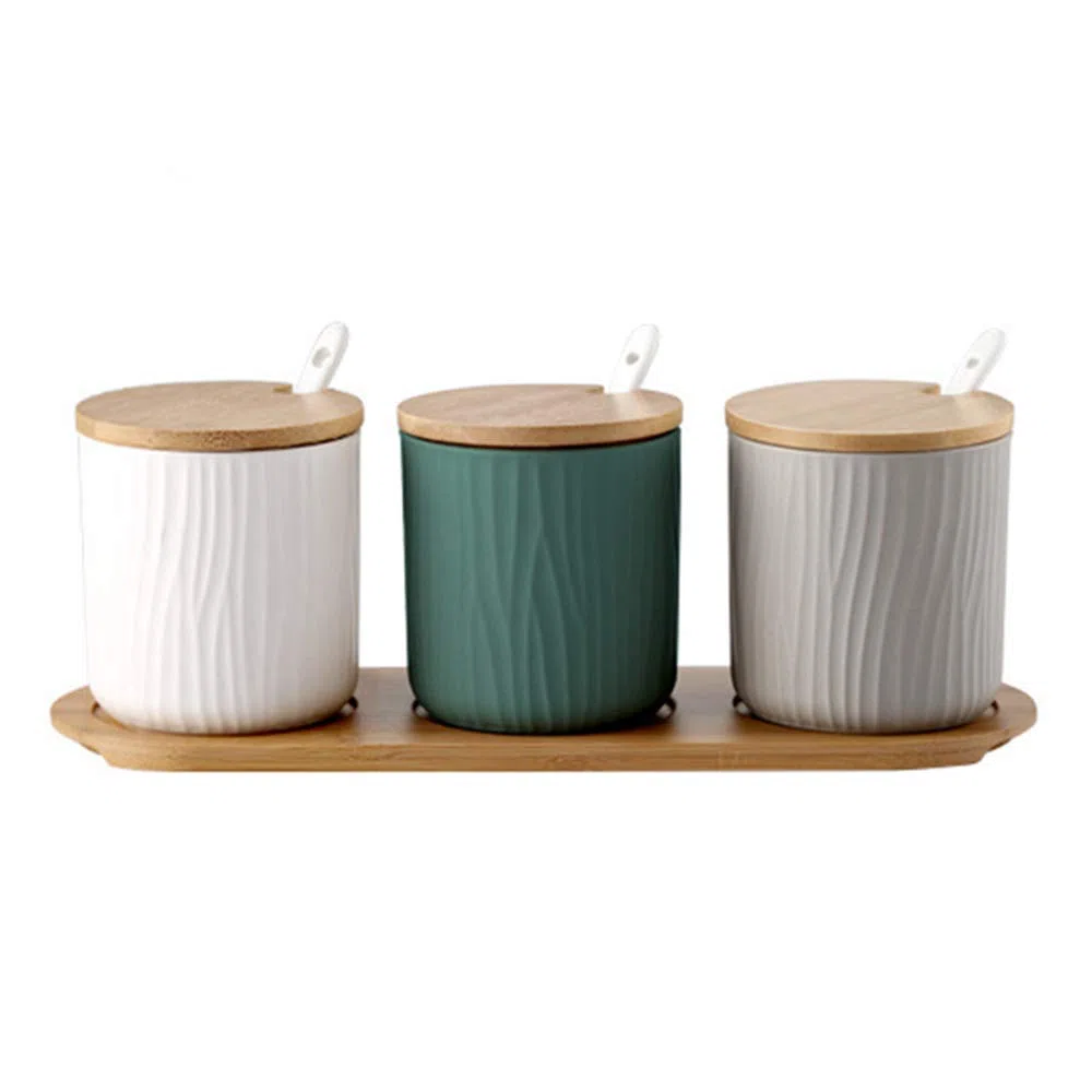 Juego de 3 Tres Colores Azucarero, azucarero de cerámica azúcar Pot con Tapa de bambú y Cuchara, Cocina