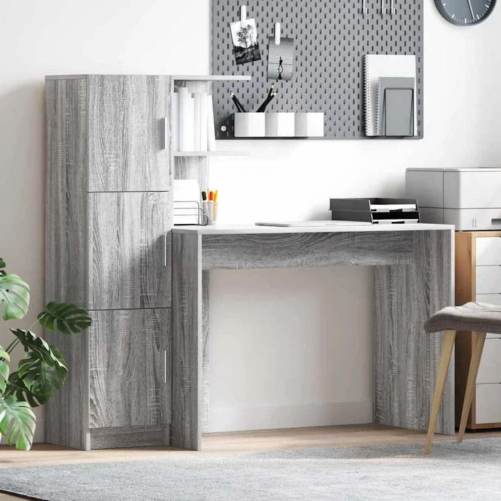 Escritorio de madera Sonoma gris con espacio de almacenamiento y estantería, 133,5 x 50 x 124 cm, 2 piezas, ergonómicamente ahorra espacio para oficina, oficina en casa y lugar de trabajo