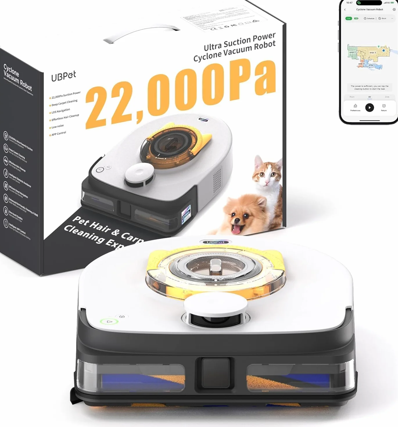 UBPET Aspiradora Robot 22000 Pa para Pelos de Mascotas en Alfombras y Suelos, Robot Limpiador Automático con Navegación LiDAR, Control por App, Carga Automática