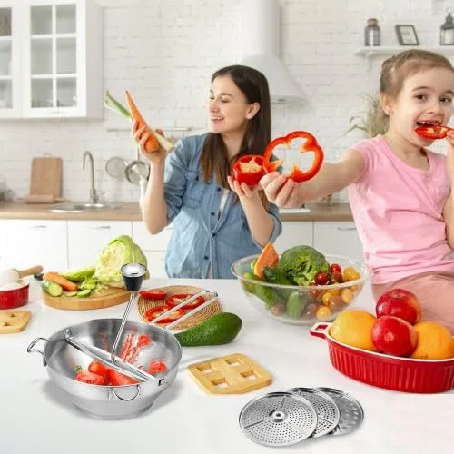 Volumoon Pasapures, Molinillo de Verduras Manual, Pasapures Acero Inoxidable con 3 Intercambiables Discos, Pasa Pure, Fácil de Usar para Puré de Bebé, Mermeladas, Verduras, Frutas
