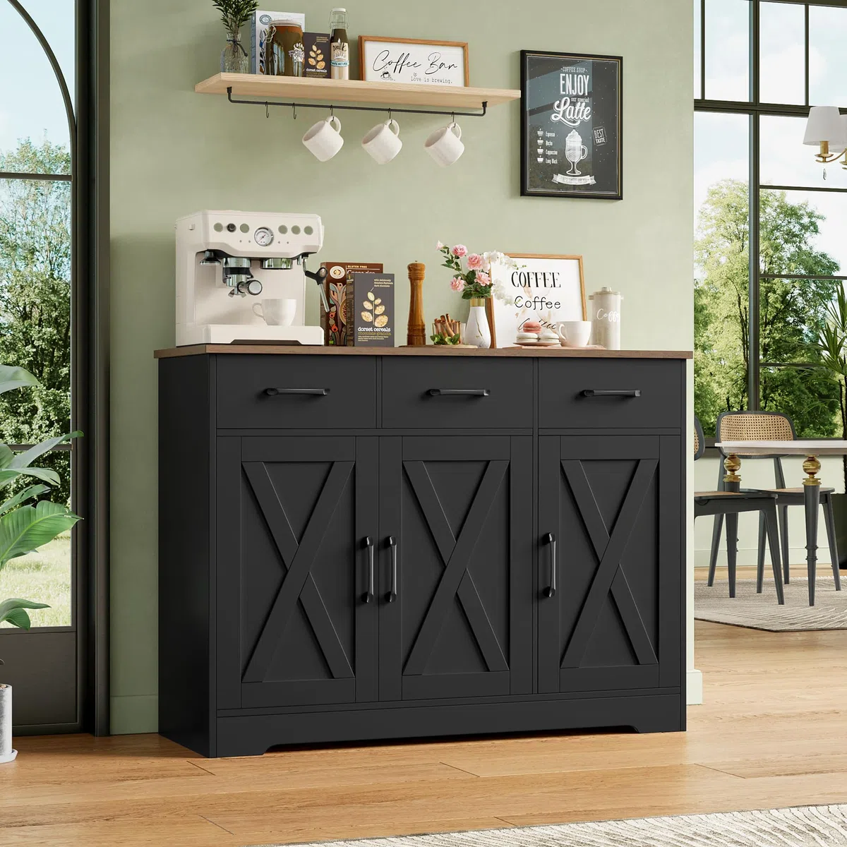 HOCSOK Aparador Cocina, Armario de Cocina con 3 Cajones y 3 Puertas, Armario de Almacenamiento para Salón, Comedor, Estantes Ajustables, Negro y Marrón | Armario buffet de cocina con 3 cajones y 3 puertas, armario de cocina para salón, cocina, comedor
