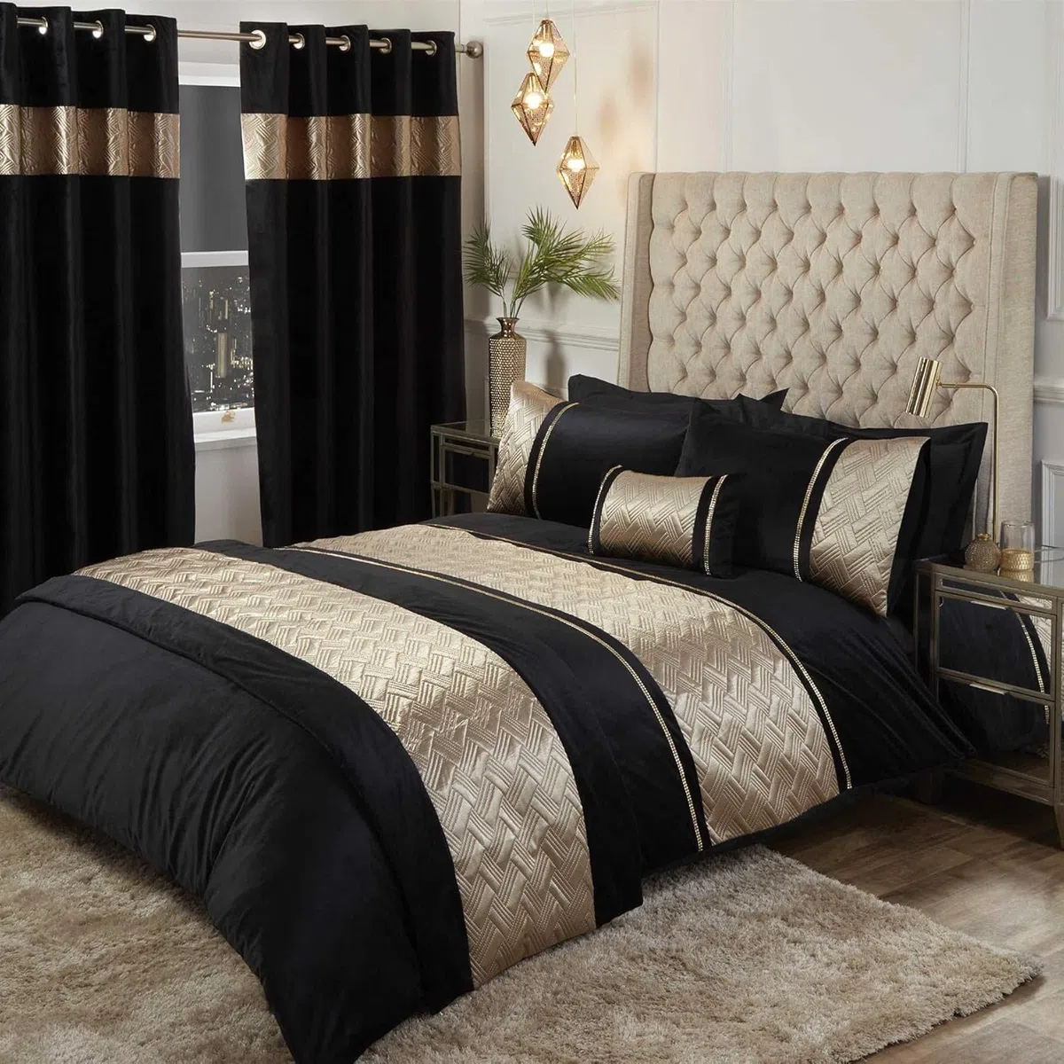 Rapport Home Capri - Juego de Funda de edredón para Cama Doble (1 Unidad), Color Negro y Dorado