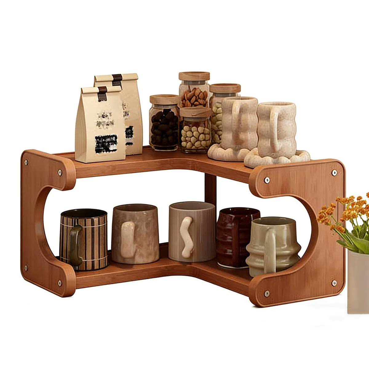 Estante esquinero de madera de 3 niveles, pequeño estante de exhibición de escritorio for libros y tazas, organizador de encimera multifuncional(13cm)