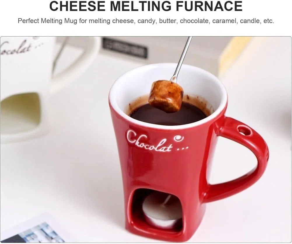 Tazas de fondue con luz de té, taza de fondue, juego de fondue de chocolate, taza de fondue de chocolate con tenedor, taza de fondue de chocolate para queso, caramelo, regalos de cumpleaños y boda