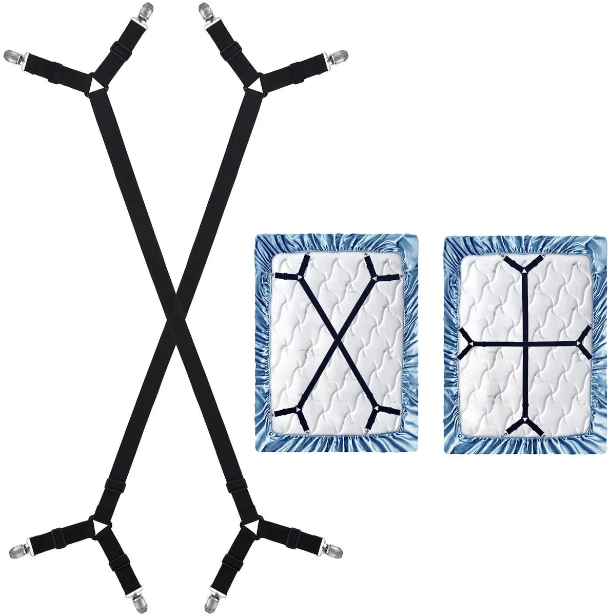 WADEO 2 Soportes Cruzados Ajustables para sábanas de Cama, Sujetadores, Clips de sujeción, Correas de Tirantes, adecuados para Todos los colchones Cuadrados (Paquete de 2, Negro)
