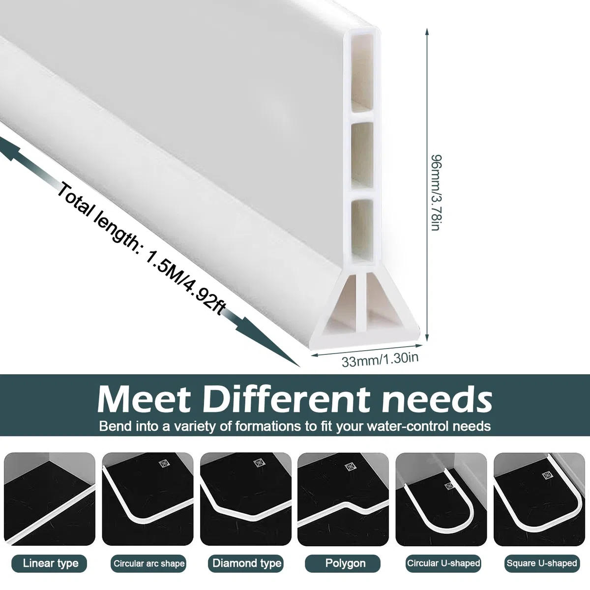Barra protectora para ducha autoadhesiva, diseño elevado, 10 cm / 9,6 cm de alto, plegable, tope de agua para ducha, umbral, barrera de agua (blanco, 1,5 m de largo, 9,6 cm de alto y 3,3 cm de ancho)