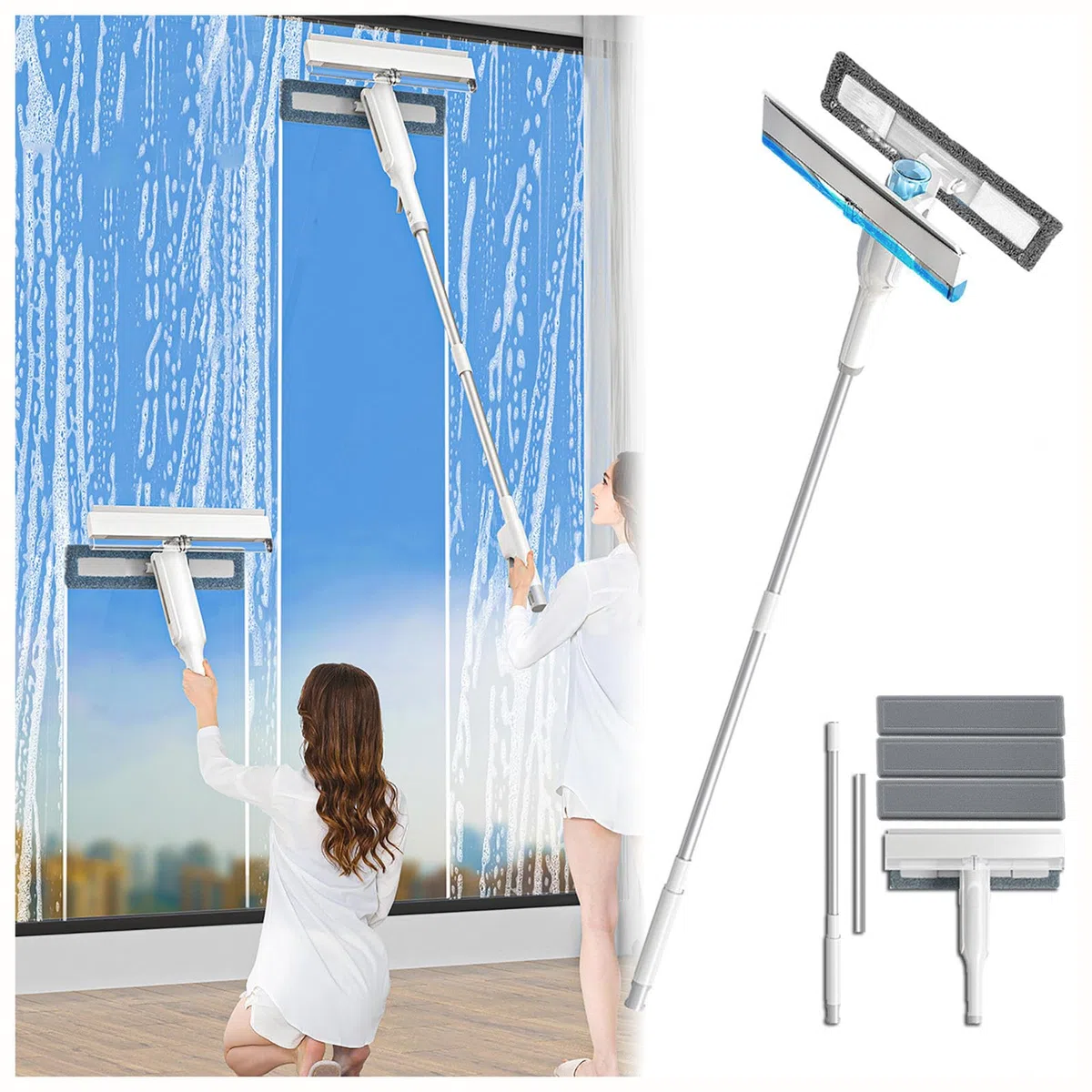 4 en 1 Spray Limpiador De Cristales con Colector De Aguas Residuales Y 3 Paños Microfibra, Limpiador De Cristales con Varilla De Extensión para Ventanas Altas Interior/Exterior