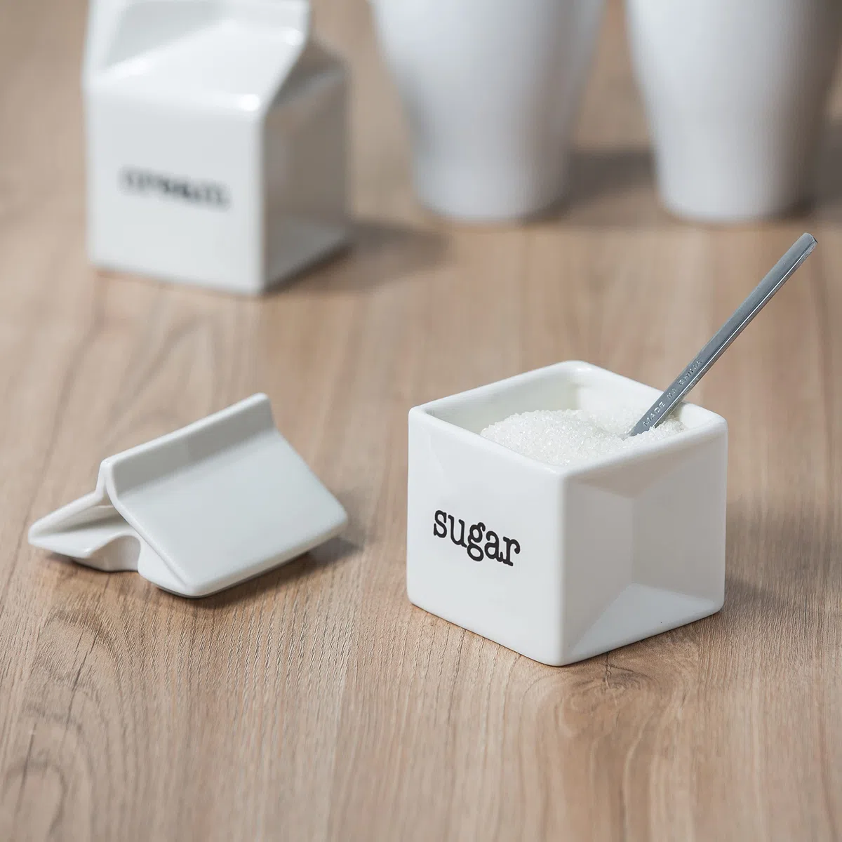 Juego de azucarero y crema de cerámica, jarra de crema blanca con forma de cartón de leche y azucarero con tapa