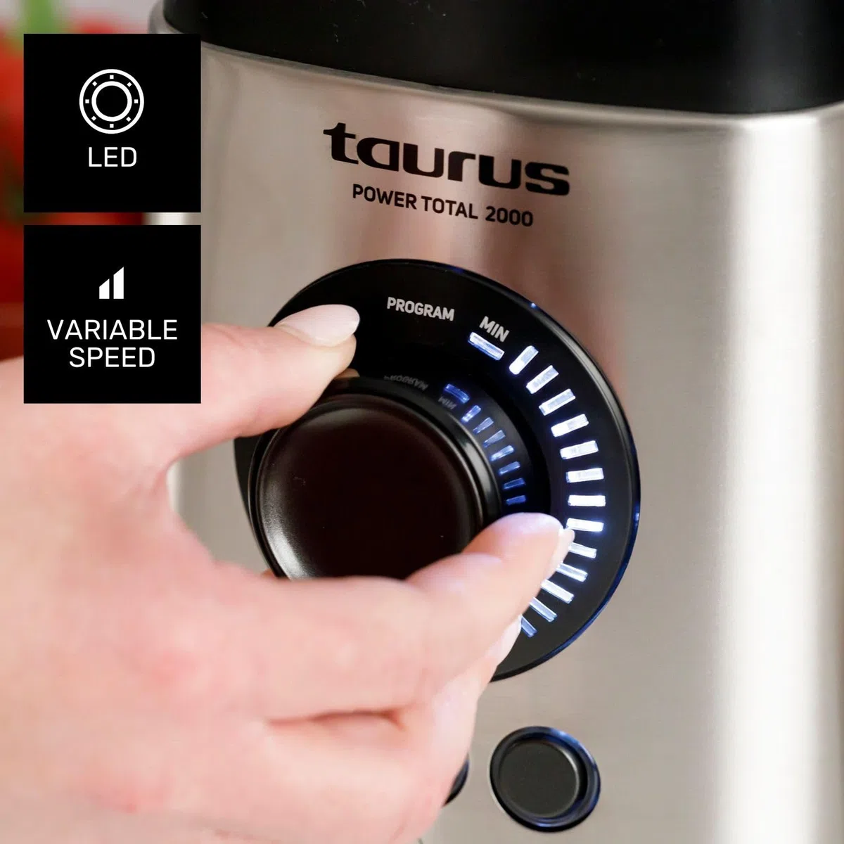 Taurus - Power Total Batidora de Vaso | 2000W Potencia | Jarra de Cristal 2,2L | Cuchillas de 6 Filos | Programas Turbo | Smoothies | Pica Hielo