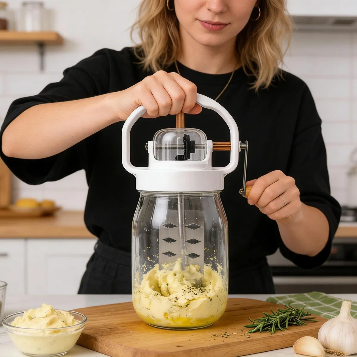 Batidor Manual de Mano Batidora manual de 1.5 litros | con Frasco de Vidrio y Varillas Mezcladoras Manuales para hornear pasteles, panes, bollería, galletas y crema para tortitas
