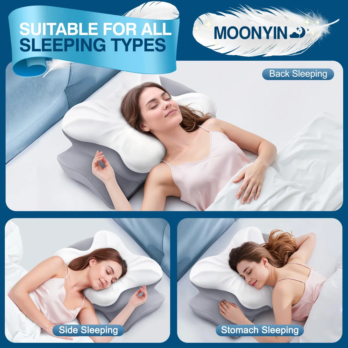 Almohada Cervicales y Cuello, Almohada Ergonómico Espuma de Memoria, Tecnología de Enfriamiento, Dormir de Lado, Espalda y Estómago