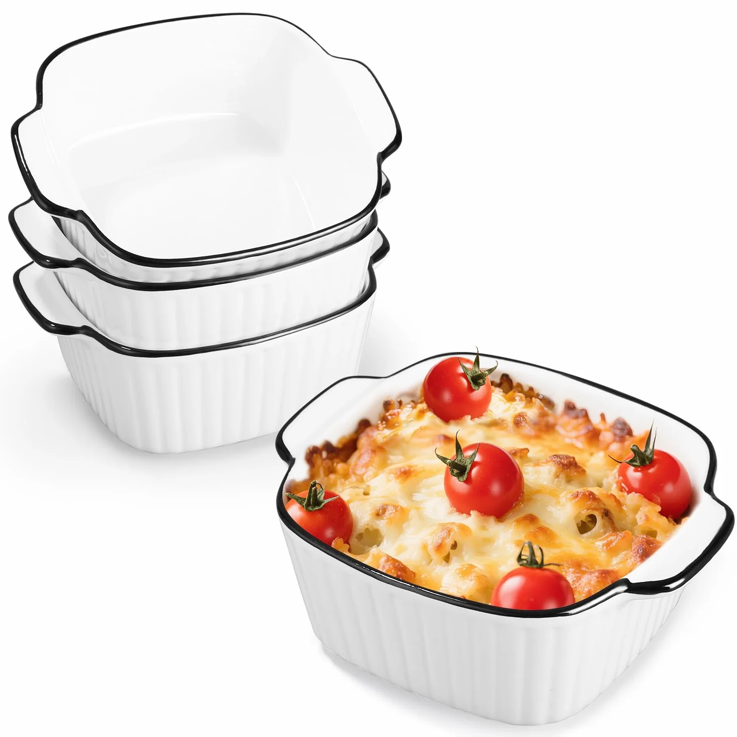 Juego de 4 Platos de Cerámica para Hornear, 400ML Platos Cuadrados para Hornear, 14.5 x 11.5 x 5.5cm, Plato Pequeño de Cerámica para Horno con Asas, para Horno, Freidorade de Aire y Microondas