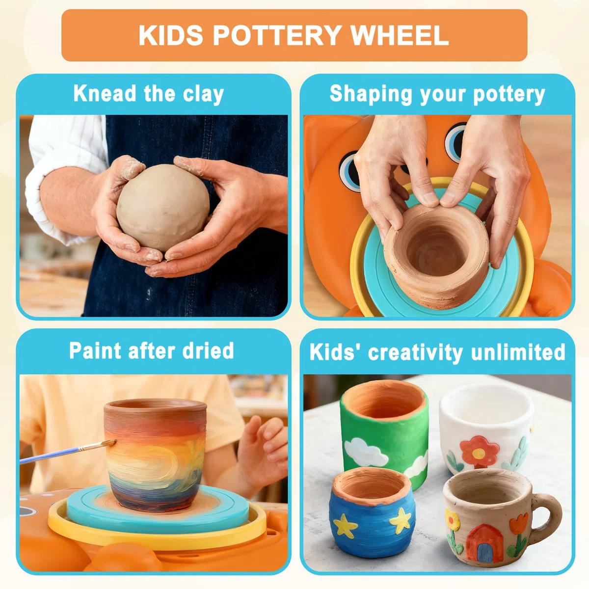 Set De Cerámica para Niños,Set de Cerámica para El Hogar,Mini Torno de Alfarero Eléctrico con Arcilla,Colores,Set de Manualidades Creativas en Cerámicas para Niños a Partir de 6 Años - Naranja