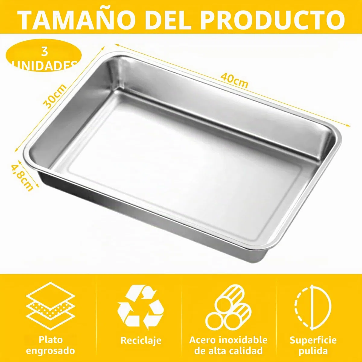 3 piezas Bandeja horno acero inoxidable para repostería, asados y verduras, bandejas horno 40 x 30 x 4,8 cm, bandeja de horno rectangular 201 para cocina diaria