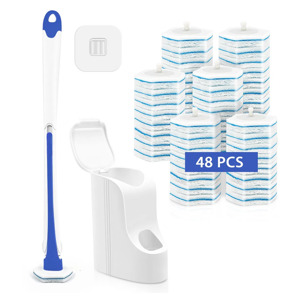 JEHONN Escobilla Baño Desechable WC, Cepillo para Inodoro con 48 Rellenos de Detergente, Toilet Brush Mango Largo Montado En La Pared, Adecuado para Piscina Fregona Lavabo (Azul)