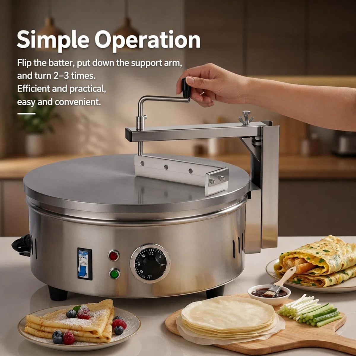 Máquina eléctrica Comercial para Crepes y panqueques de 220 V con 7 Herramientas auxiliares, Plancha Antiadherente de Acero Inoxidable de 40 cm, Temperatura Ajustable
