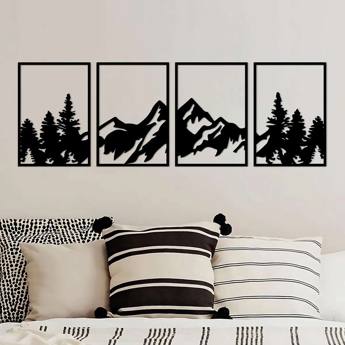 ESTART Arte de pared de montaña grande, 4 piezas de decoración de pared de metal, adecuado para sala de estar, dormitorio, oficina (bosque de montaña)