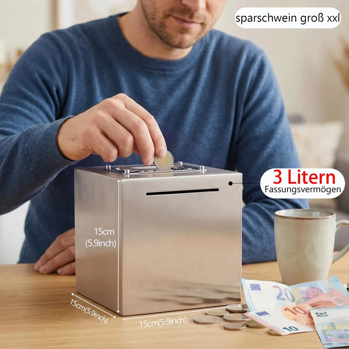 Hucha para Adultos de Acero Inoxidable,Safe Piggy Bank,Caja de Ahorros para Niños,Bank Box con Mango Difícil de Abrir,Caja de Ahorro de Monedas en Efectivo,(Plata 15x15x15cm)