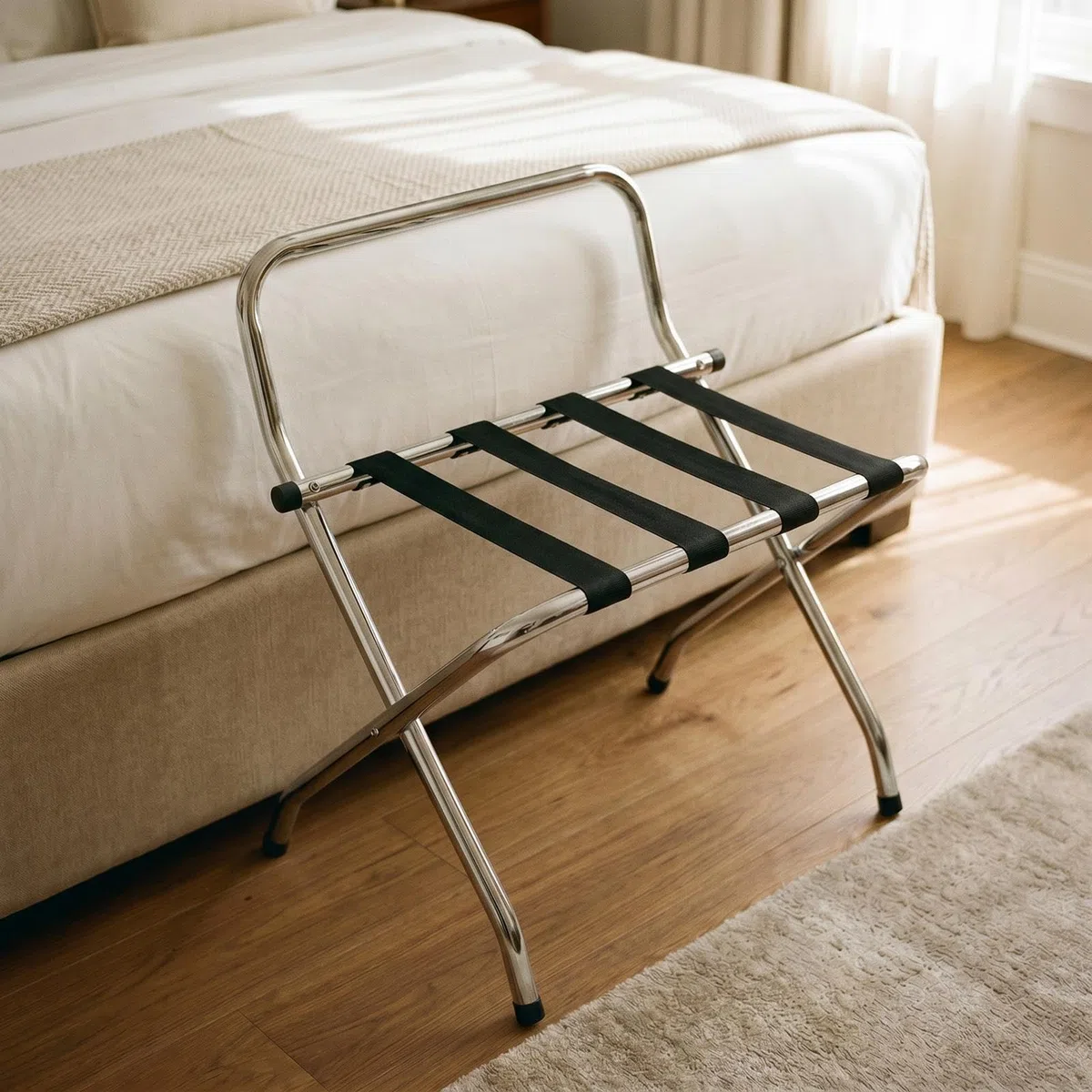 CARO-Möbel Soporte para maletas, con protección de pared, soporte para maletas, metal cromado, plegable