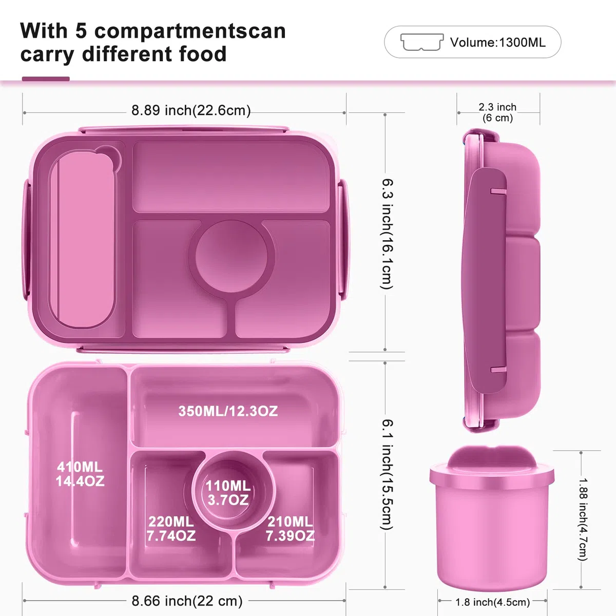 Amathley Fiambrera Infantil,Lunch Box Kids/Adultos,1300ML Bento Box Kids con 5 Compartimentos y Recipientes Para Salsas, Para Microondas y Lavavajillas,Sin BPA (Morado)