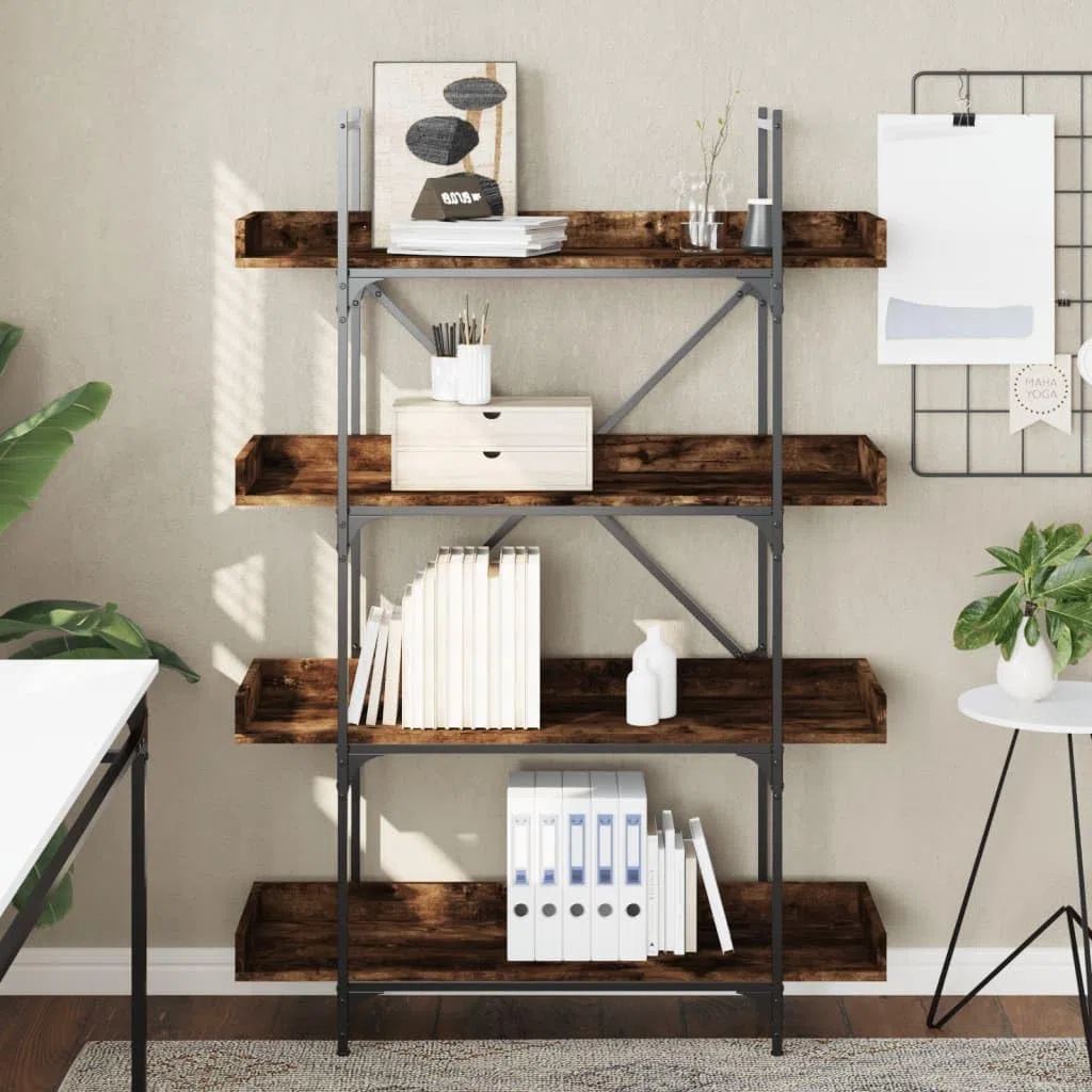 Estantería de 4 estantes roble ahumado 100 x 33 x 145,5 cm de material de madera moderna con marco de metal en X para sala de estar, dormitorio, oficina