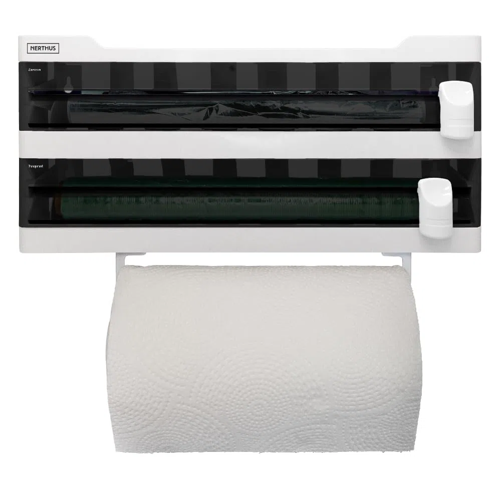 Nerthus FIH 1256 portarrollos Pared Triple Aluminio Film y Papel con Corte Estante especiero Cocina