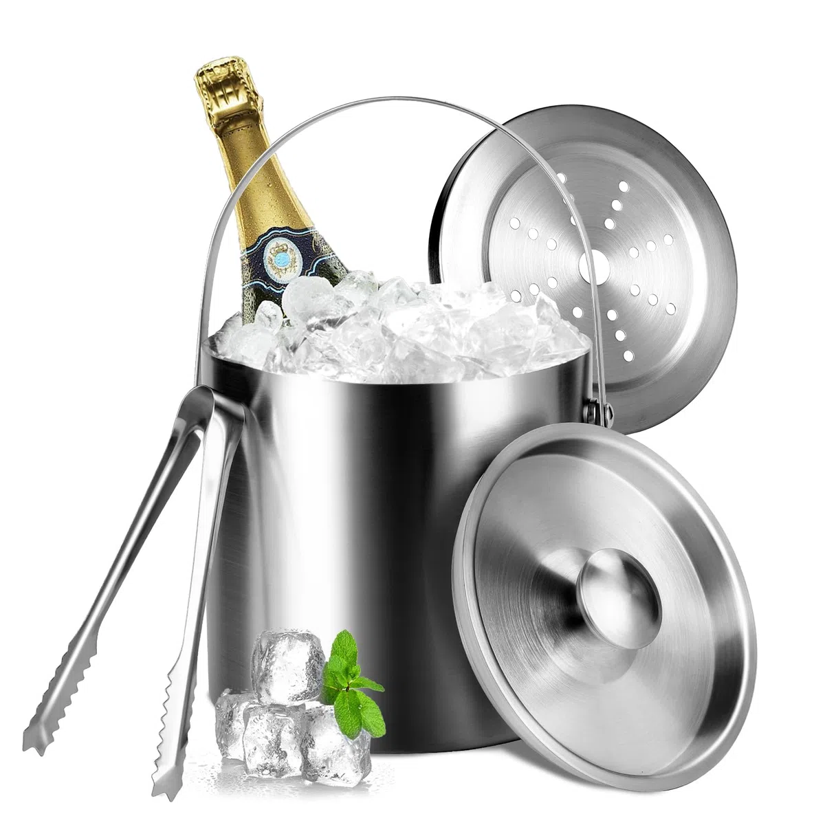 Cubiteras Acero Inoxidable de 3L,pinzas y colador, mantiene el hielo congelado para cócteles y fiestas