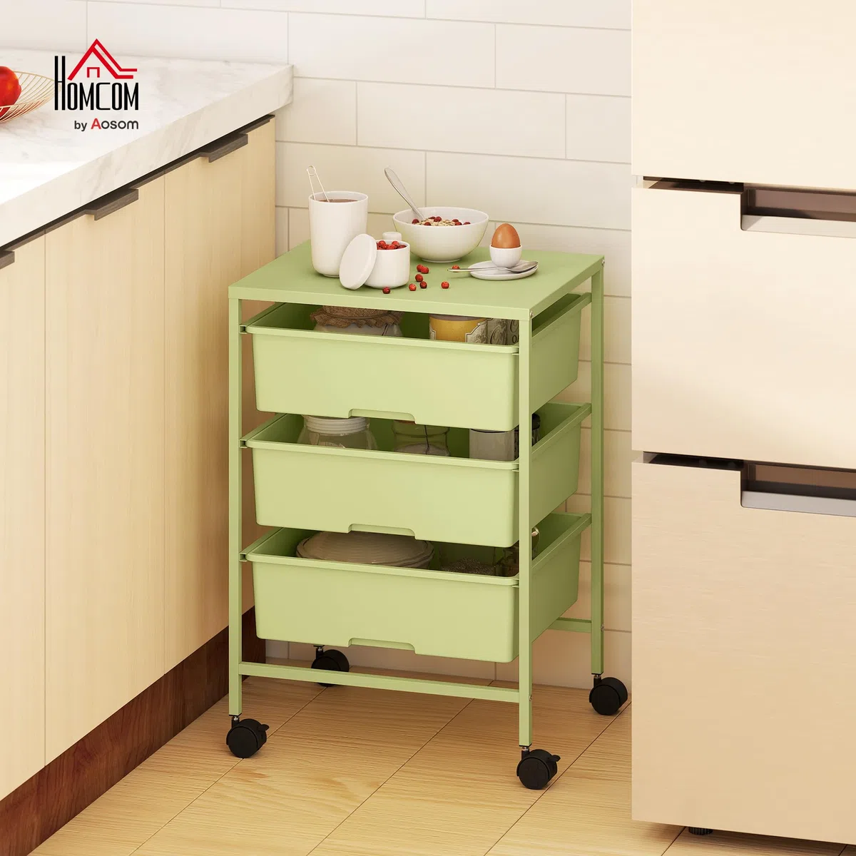 HOMCOM Carrito de Almacenamiento de 4 Niveles, Carrito de Cocina con Ruedas, 3 Cestas, Tablero y Marco de Acero, para Salón, Baño, Oficina, 40,8x33,5x60,5 cm, Verde