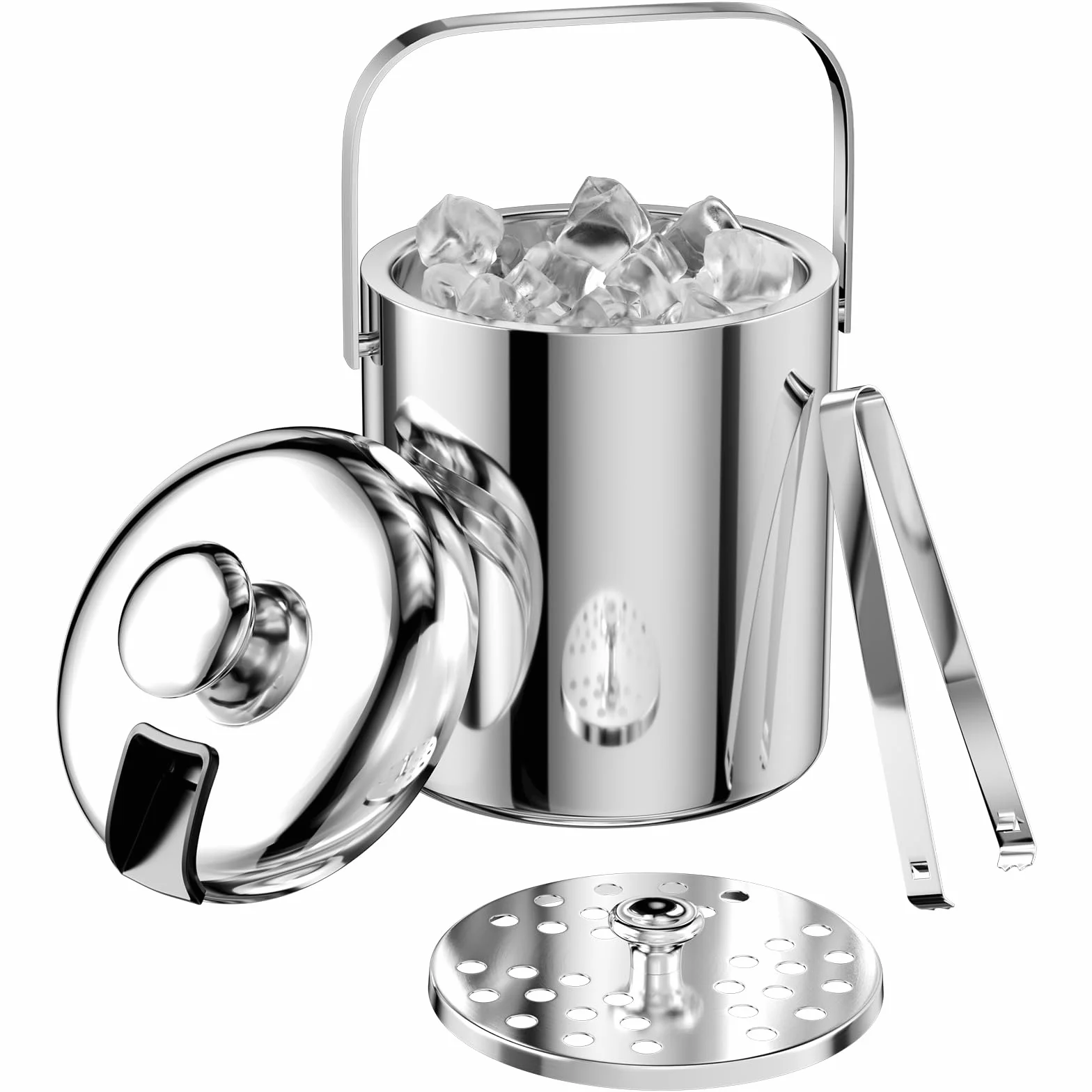 1.3 L Cubiteras Acero Inoxidable, Cubitera Hielo con Tapa, Pinzas y Colador, Cubo de Hielo Aislado, Contenedor de Cubitos de Hielo, Ice Bucket, para Bar, Cumpleaños, Fiestas de Picnics