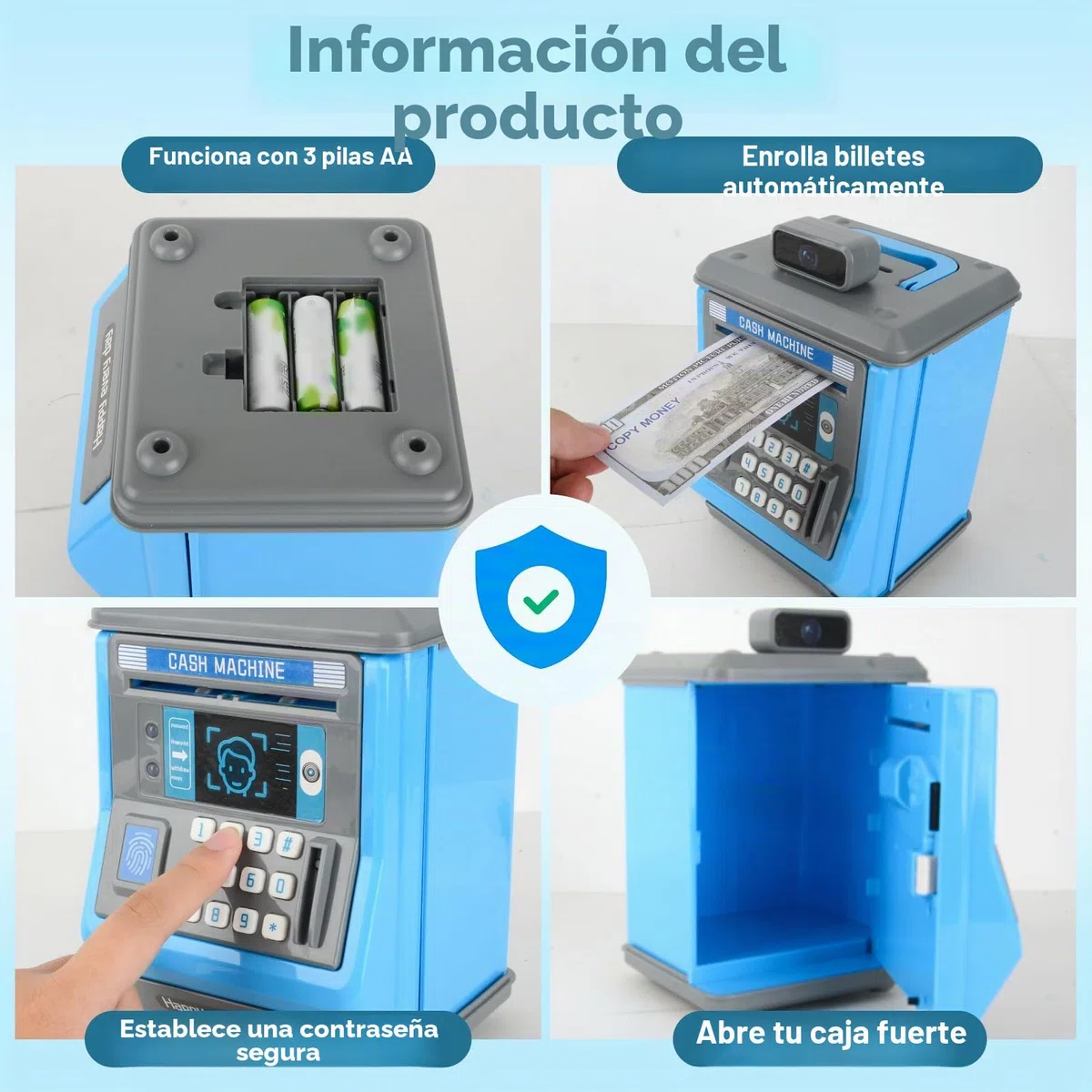 Hucha Electrónica para Niños y Niñas con Contraseña y Huella Dactilar, Cajero Automático de Juguete con Succión Automática, Huchas Originales Educativas, Regalo de Cumpleaños, 18x14x14cm, Azul