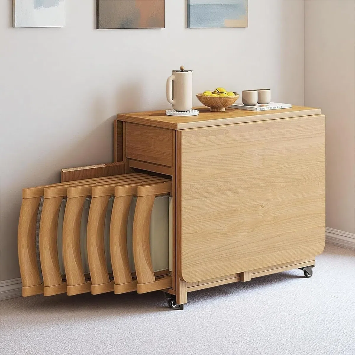 Juego de mesa de comedor plegable de madera maciza extensible con 6 sillas acolchadas, diseño compacto que ahorra espacio para el hogar, sala de estar, restaurante y cocina móvil