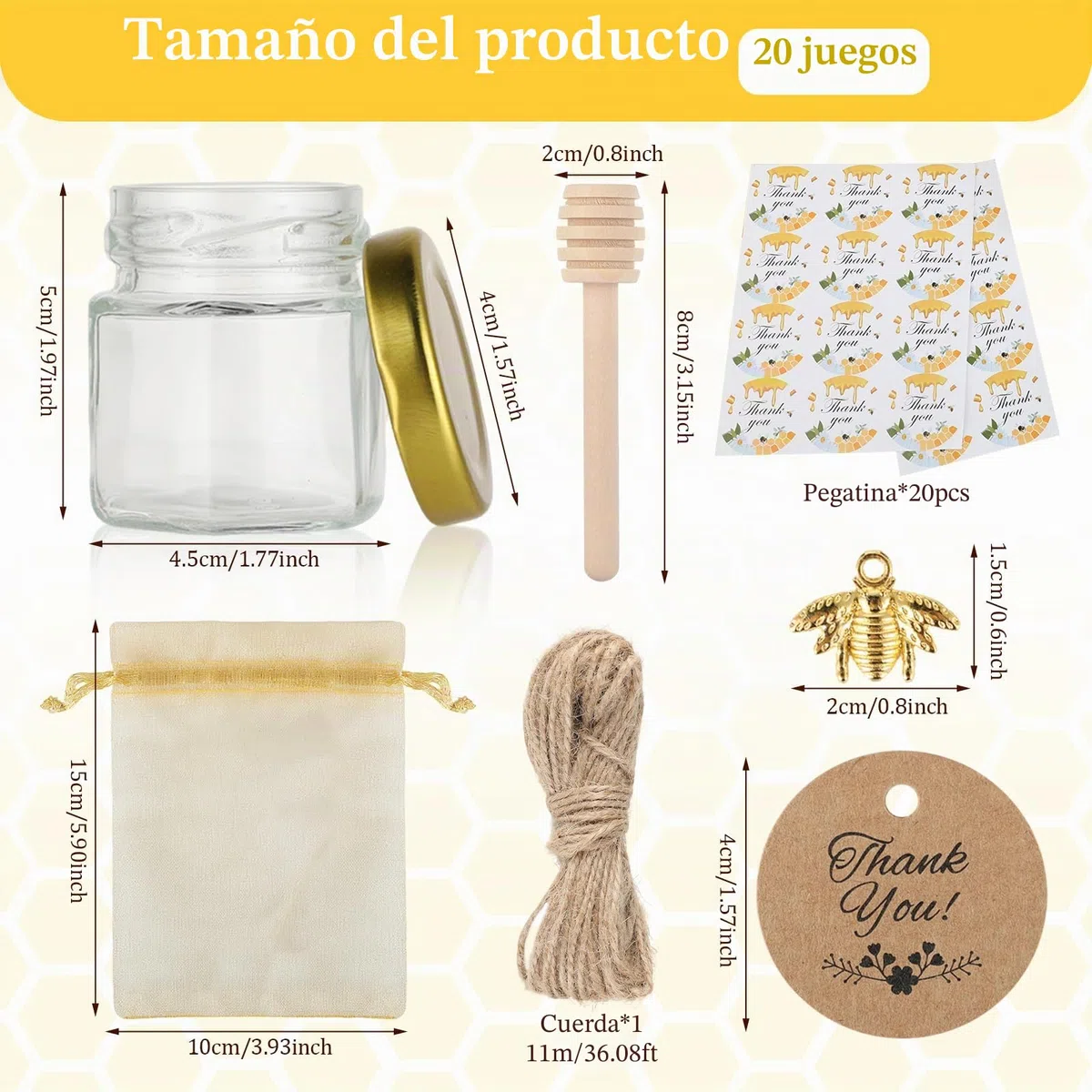 20 paquetes de latas de miel de vidrio de 45ml,Botecitos Para La Miel,con cucharas,colgantes de abejas,bolsas de regalo,tarjetas de agradecimiento,pegatinas,perfecto para baby shower,recuerdos de boda