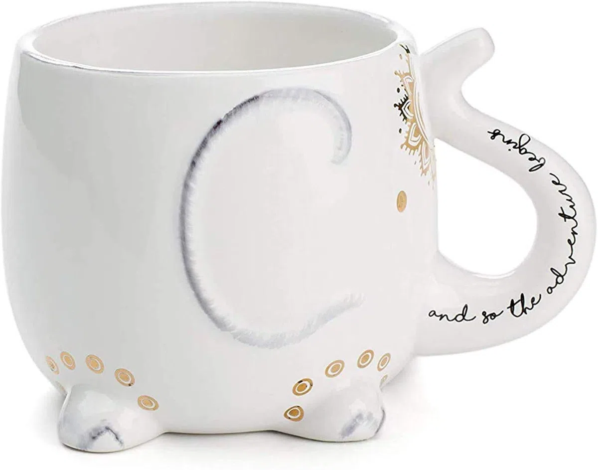 Tazas de café o té de cerámica blanca: taza de café de elefante con diseños impresos a mano y texto impreso, 18.6 onzas líquidas, taza hecha a mano