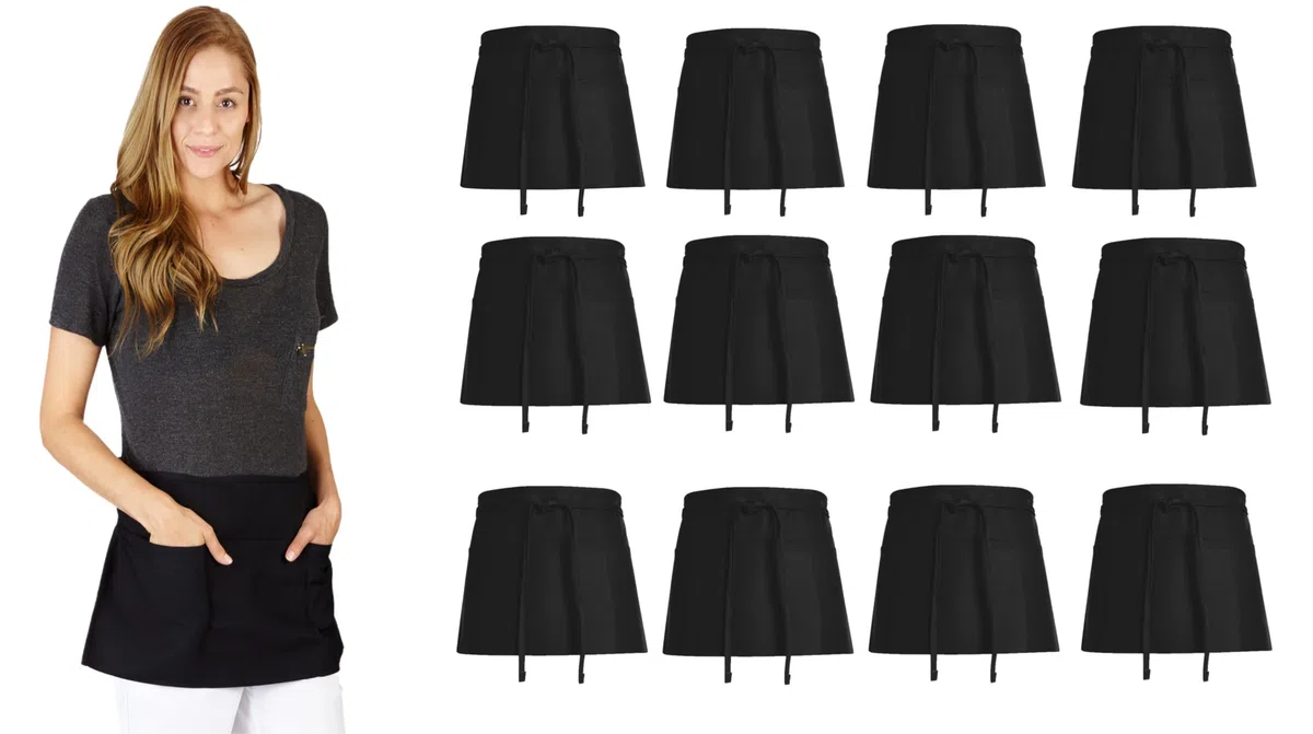 Natural Uniforms - Delantales de cintura comerciales (12 unidades), varios bolsillos, color negro