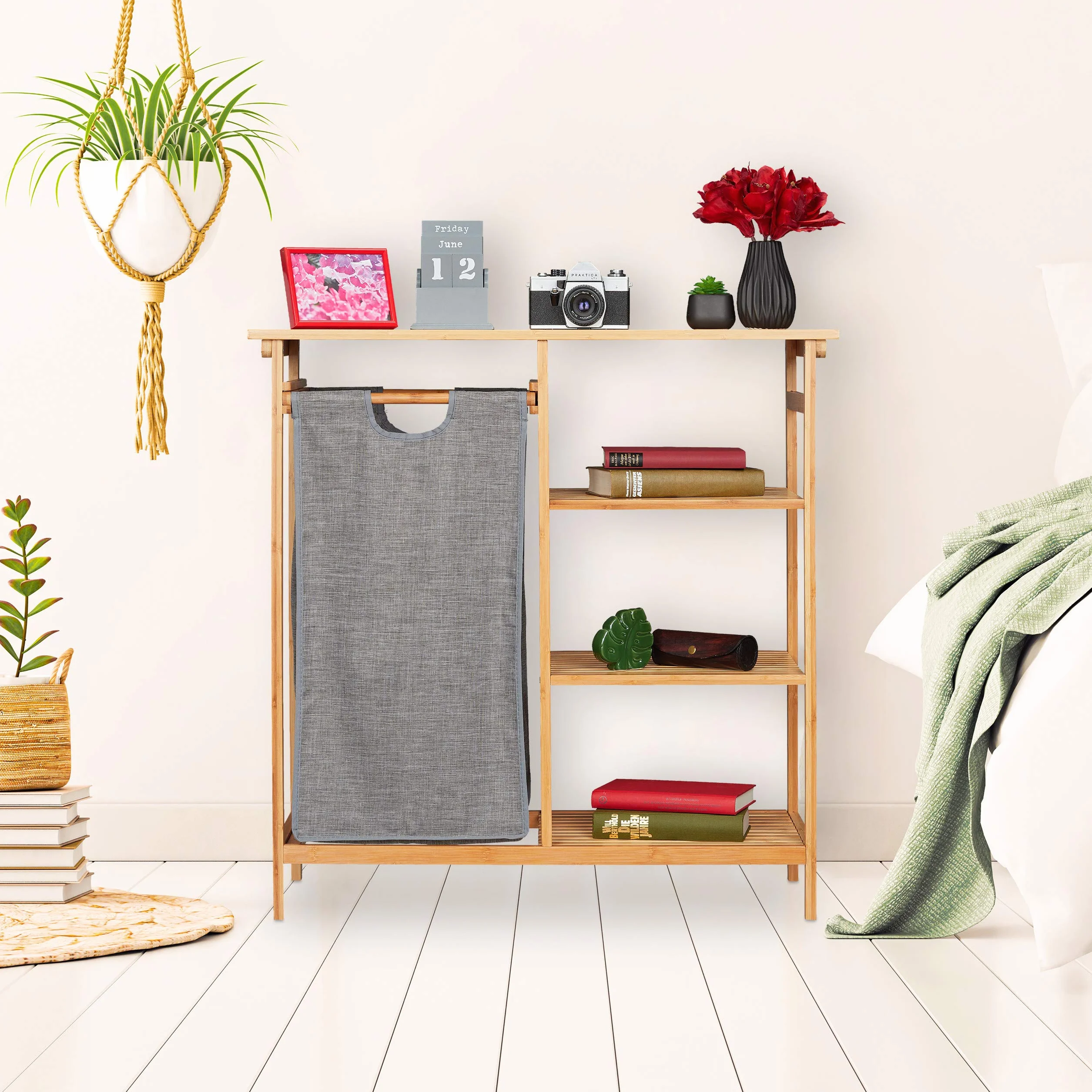 Relaxdays Estantería Baño con Cesto Ropa Sucia Abatible, Armario Bambú, Saco Textil, 80,5x80x33,5 cm, Natural y Gris