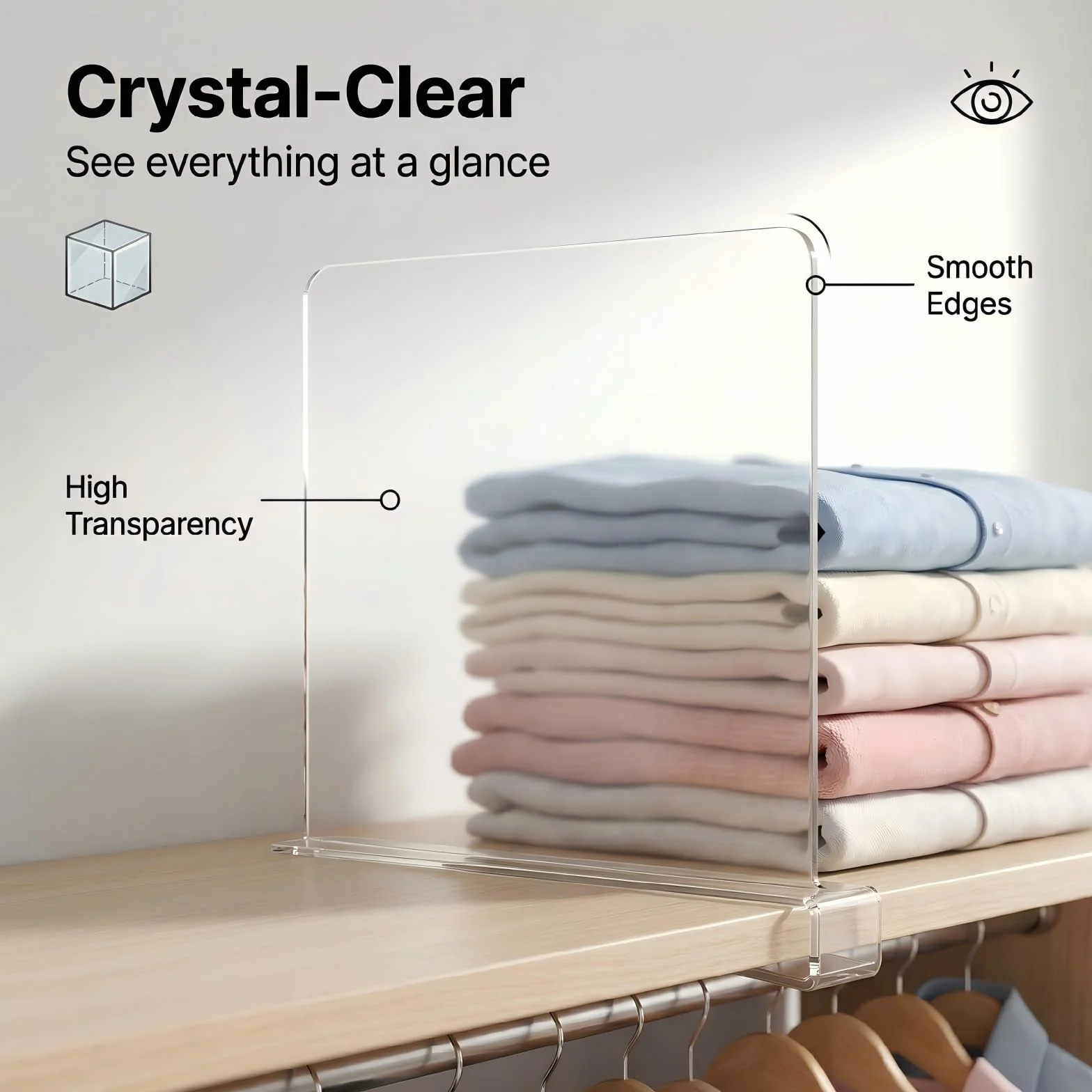 Separadores de estantes acrílicos transparentes, 6 unidades: organizador multifuncional de armario - 30 x 20 cm divisor de estantes - Separador de armario ajustable para armario, dormitorio,