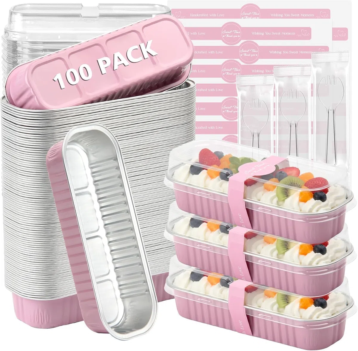 Paquete de 100 mini moldes para pasteles, mini moldes para pan con tapas y cucharas, moldes de aluminio desechables para pan, pasteles, bodas, cumpleaños, fiestas, picnics, vacaciones