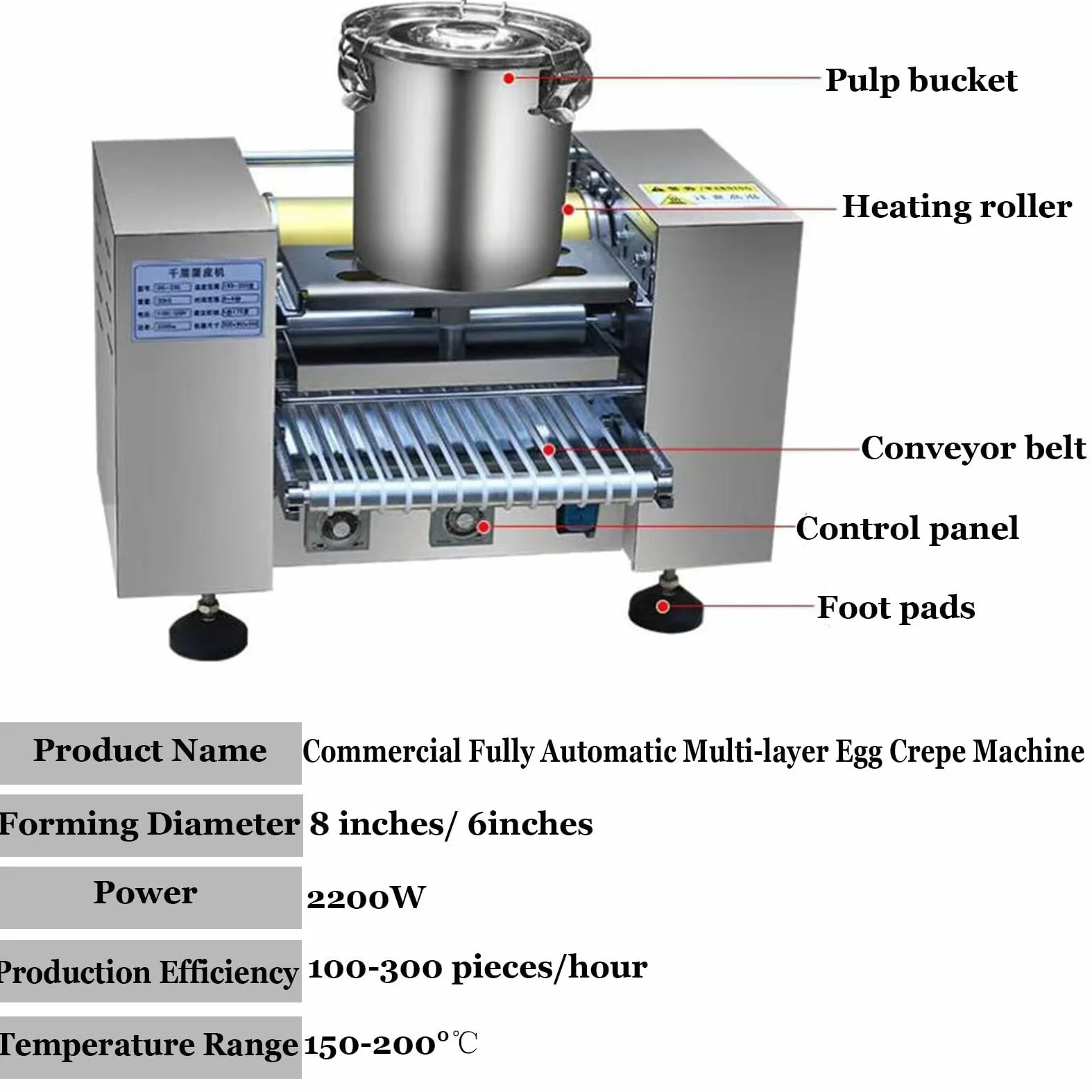 Máquina automática comercial para hacer crepes, control inteligente de temperatura, calentamiento uniforme, velocidad de elaboración ajustable, eficiencia de producción: 100-300 unidades/hora 6in