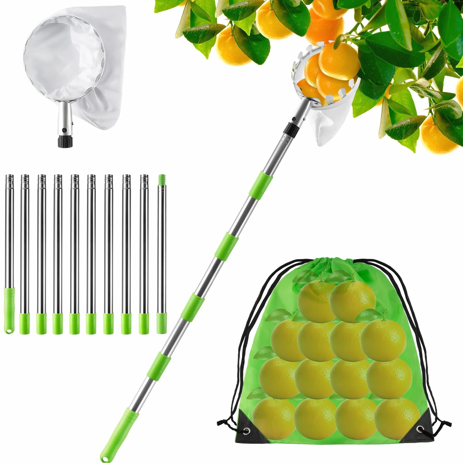 KOMABLEN 4M Recoge Frutas Telescopico, Recogedor de Frutas acero Inoxidable Ligero y bolsa de tela, Recogedor Recolector de Frutas para Manzanas, Naranjas, Peras, cítricos