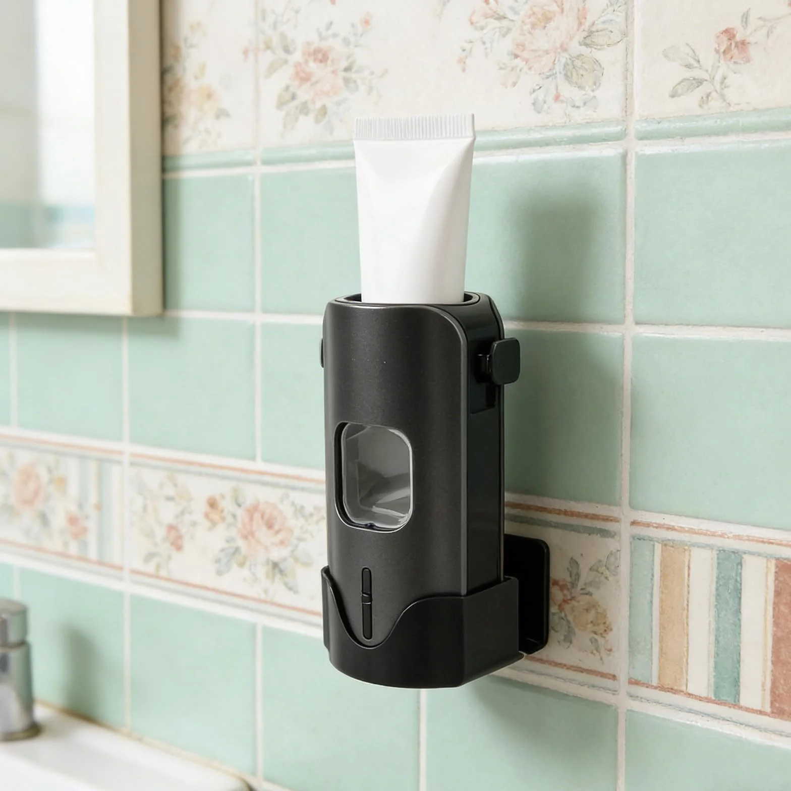 Levemolo Organizador de Baño con Dispensador Automático de Pasta y Soporte para Cepillos, Instalación sin Taladro, Plástico Negro, Ajuste en 3 Niveles para Adultos y Mayores